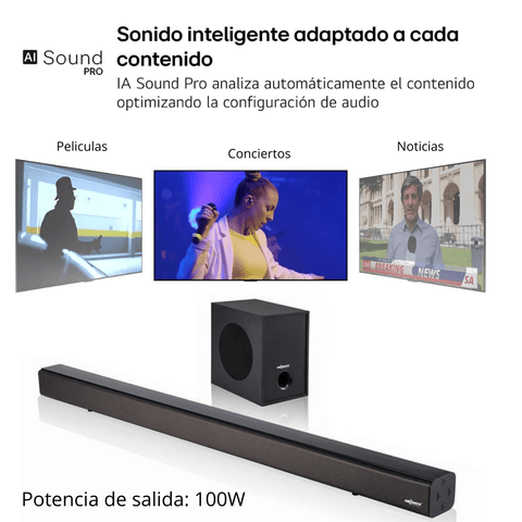 Barra de Sonido+Subwoofer Wireless 5.0 100W. Home Cinema